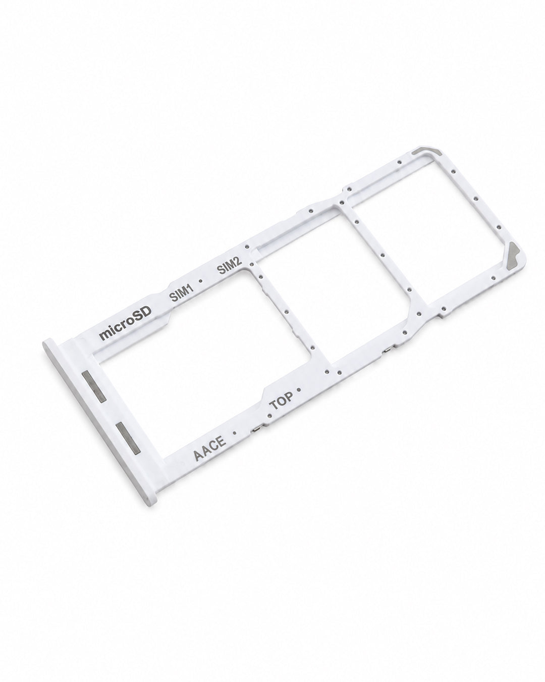 A white plastic dual SIM tray card slot frame for mobile phones, featuring printed labels for microSD, SIM1, SIM2, ACC, and TOP on a clean white background.