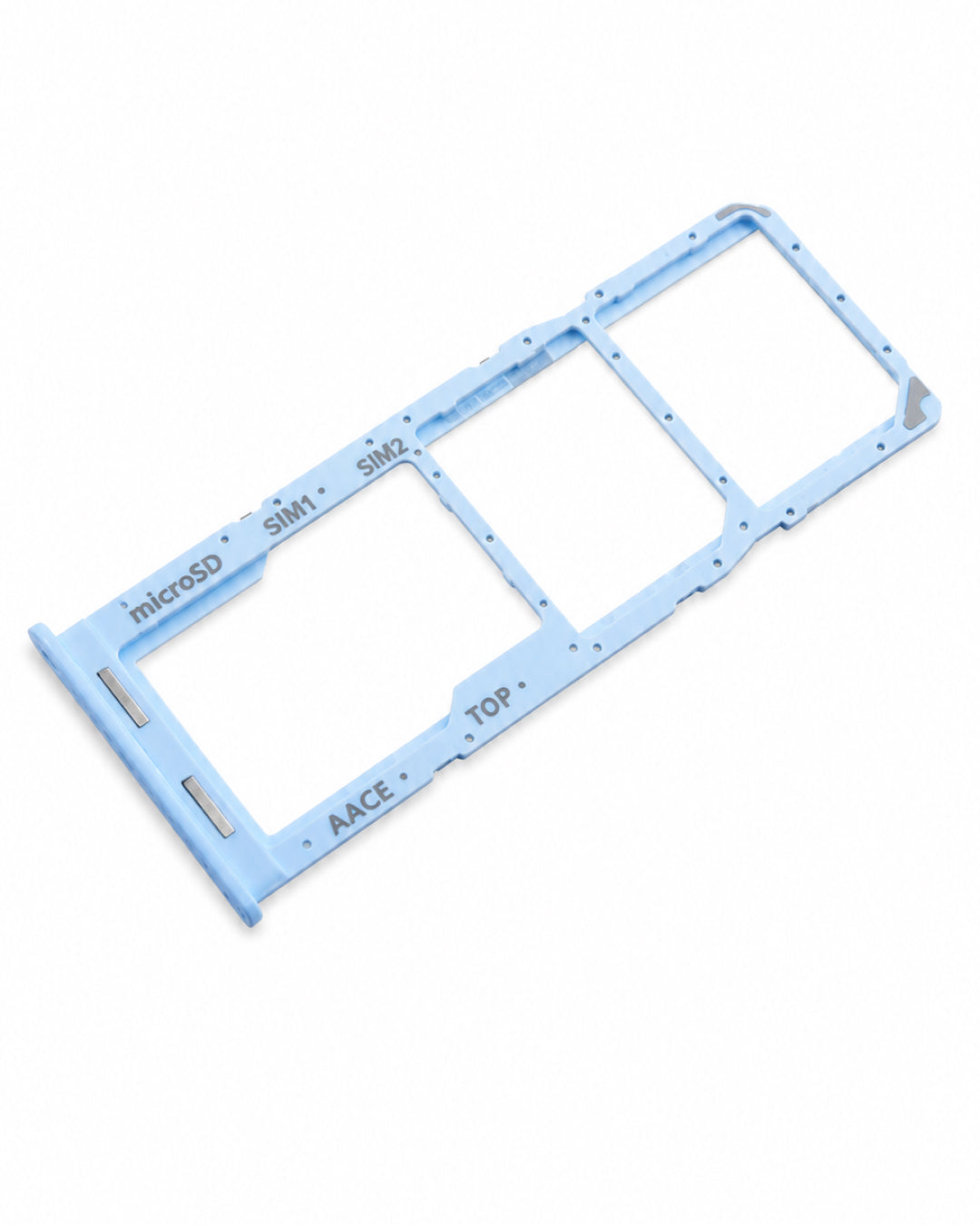 A light blue plastic SIM card tray frame with labeled slots for microSD, SIM1, SIM2, and AACE, shown on a plain white background.