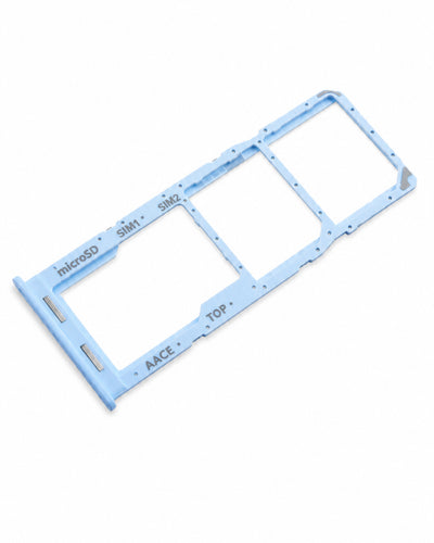 A light blue plastic SIM card tray frame with labeled slots for microSD, SIM1, SIM2, and AACE, shown on a plain white background.