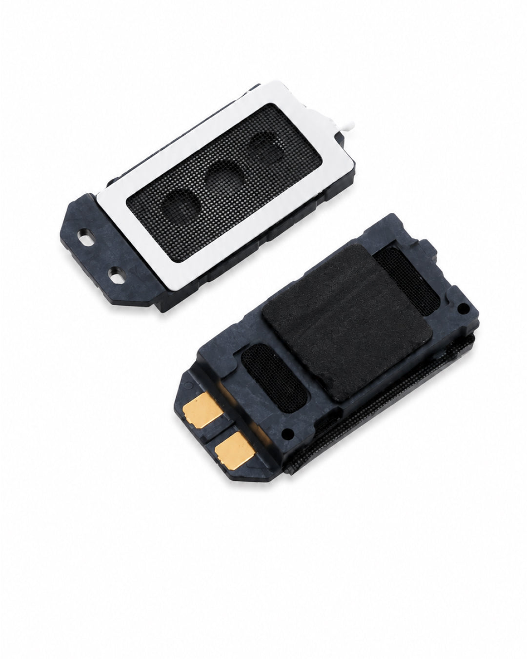 Two small rectangular electronic components, likely speaker or sensor modules, shown on a plain white background. One module is oriented with a white top plate and black mesh grille, while the other shows the black side with gold contact pads.
