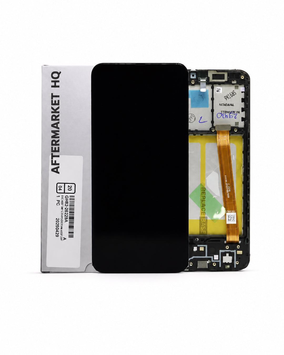 A replacement smartphone screen assembly shown next to its white 'AFTERMARKET HQ' packaging box. The screen is black and displays a blank front view, while the rear view reveals the internal circuitry, gold flex cable, and battery compartment.