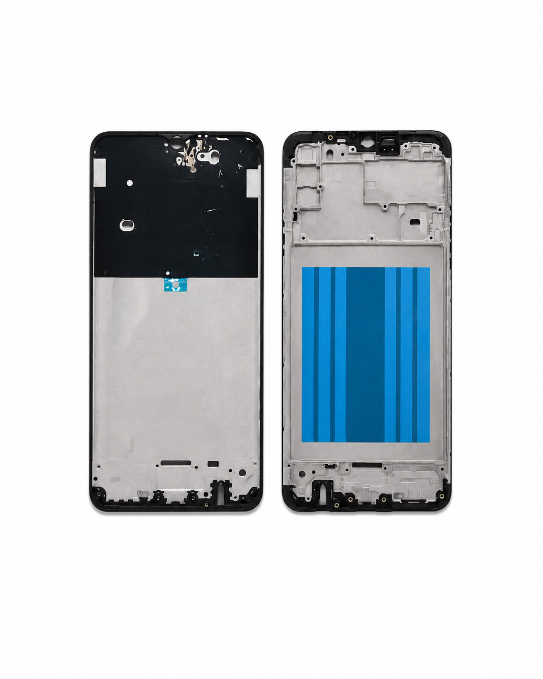 A replacement smartphone front and back glass display panel set, showing the black outer frame and the silver inner frame with a blue protective film still on the inner panel, on a white background.