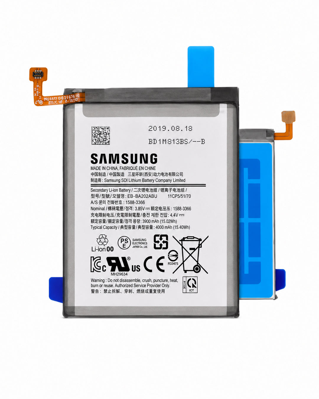 Samsung replacement lithium-ion battery (TB-A415138U) with a black casing, white label, and blue plastic end caps, shown on a white background with orange flex cables.