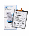 A replacement phone battery by Aftermarket HQ, shown both inside its retail packaging on the left and unpackaged on the right, against a plain white background.