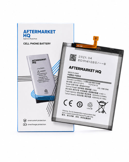 A replacement phone battery by Aftermarket HQ, shown both inside its retail packaging on the left and unpackaged on the right, against a plain white background.