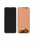 A replacement smartphone display screen assembly shown from both sides: the front with a black screen on the left, and the back with a peach-colored panel and internal circuitry on the right, set against a plain white background.