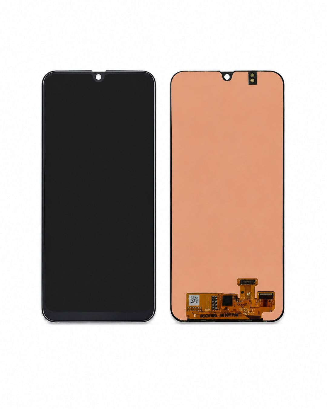 A replacement smartphone display screen assembly shown from both sides: the front with a black screen on the left, and the back with a peach-colored panel and internal circuitry on the right, set against a plain white background.