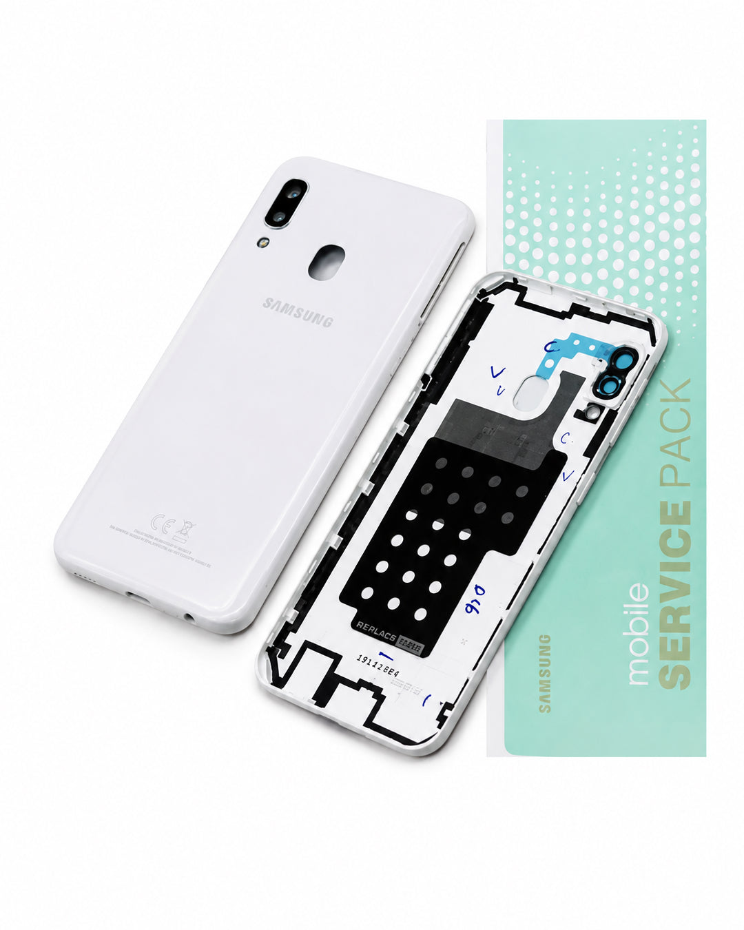 A Samsung smartphone back cover replacement kit shown on a white background, including the white outer back plate, the exposed inner frame with camera cutouts and adhesive pads, and a mint green packaging insert labeled 'mobile SERVICE PACK' with Samsung branding.