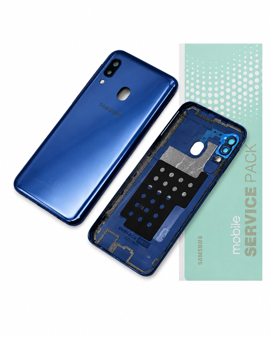 Samsung blue phone back cover replacement parts set, showing the outer back cover and the inner frame with camera cutouts, alongside a mint green 'mobile service pack' card on a white background.