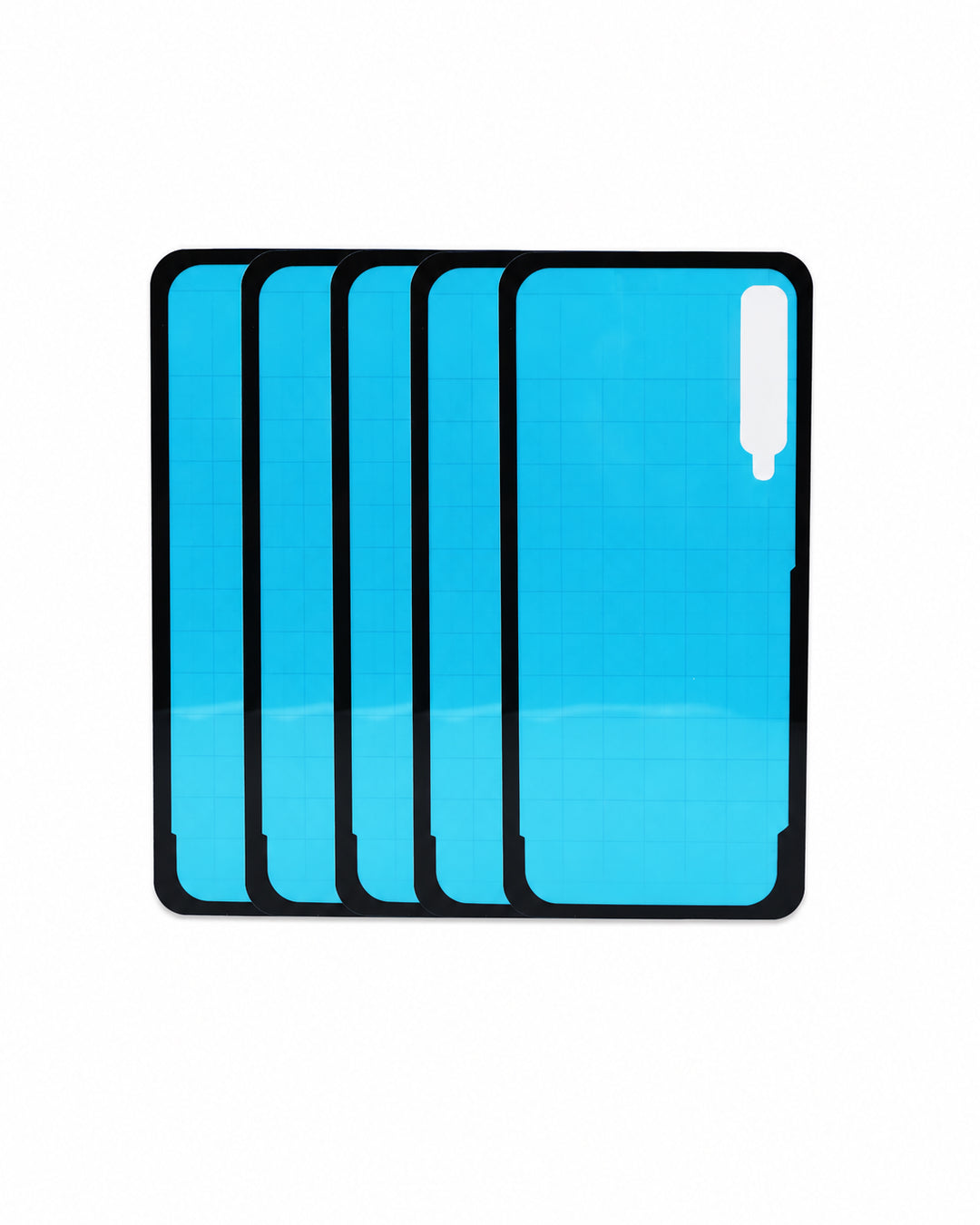 Five bright blue protective film or adhesive sheets with black borders, arranged in a fan-like stack on a plain white background.