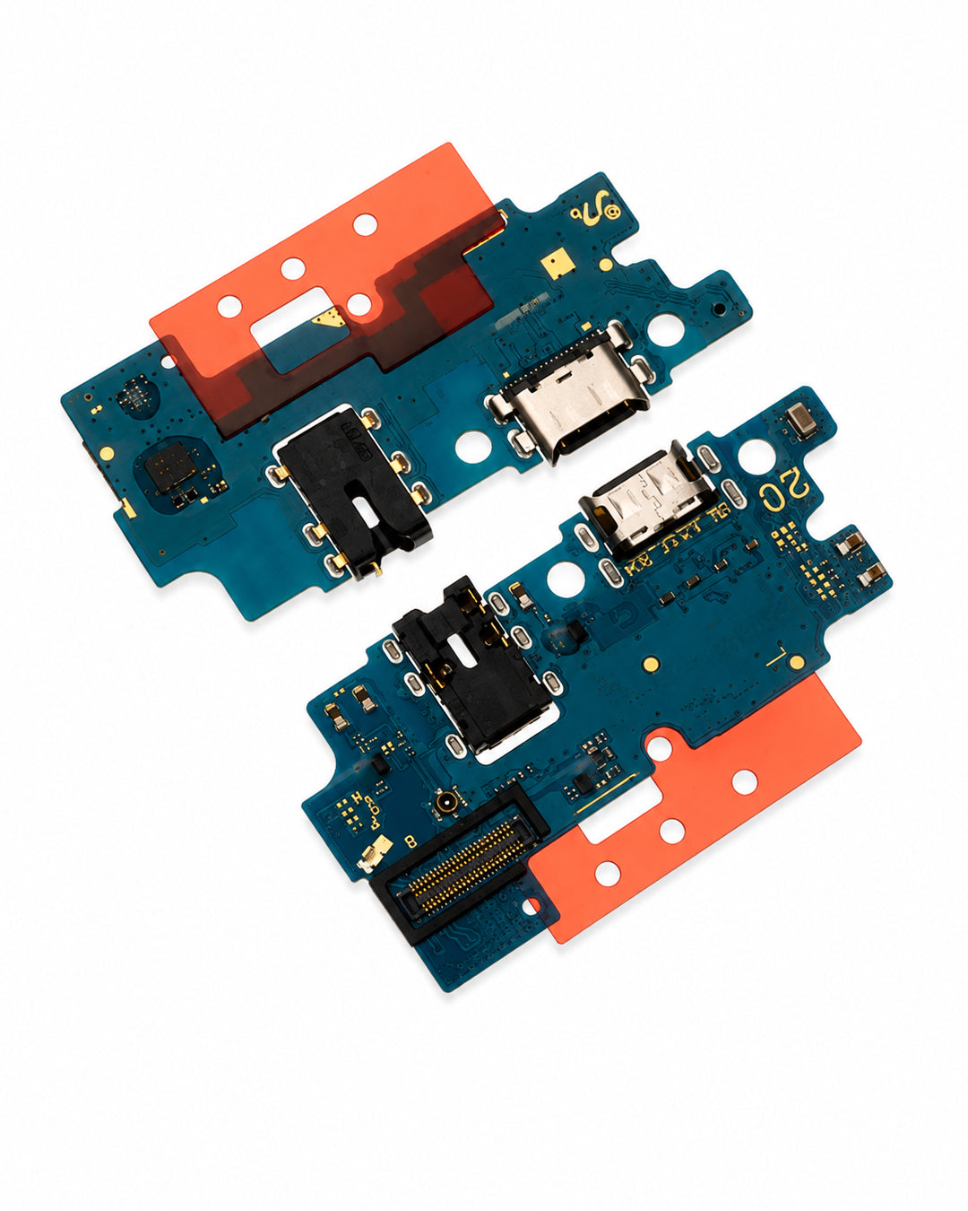 Two replacement smartphone charging port flex circuit boards with blue PCBs, orange protective tape, and black USB-C ports, shown on a white background.