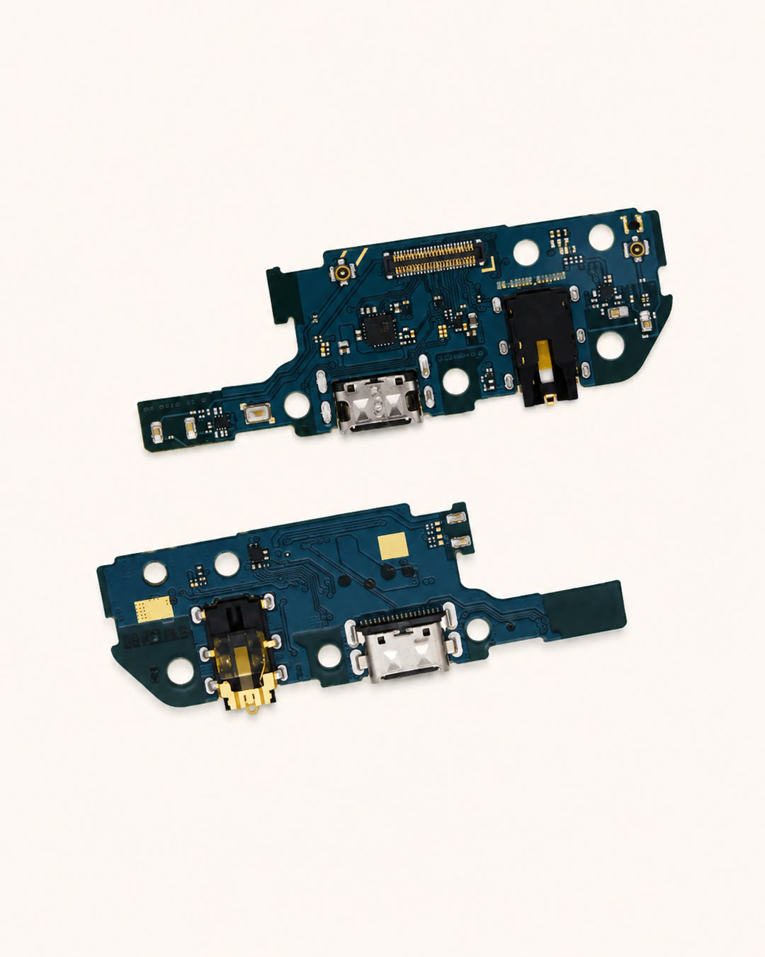 Two replacement mobile phone charging port flex circuits with USB-C and USB-A connectors, displayed on a clean off-white background.