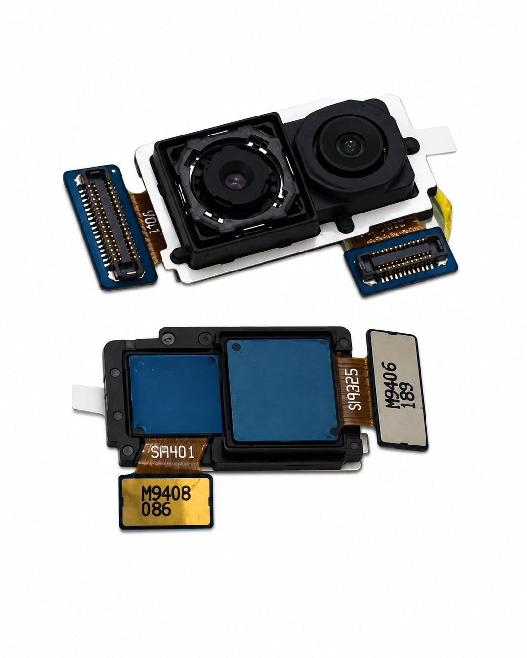 Two replacement camera and flash flex circuits with various connectors and small printed labels, shown on a clean white background.