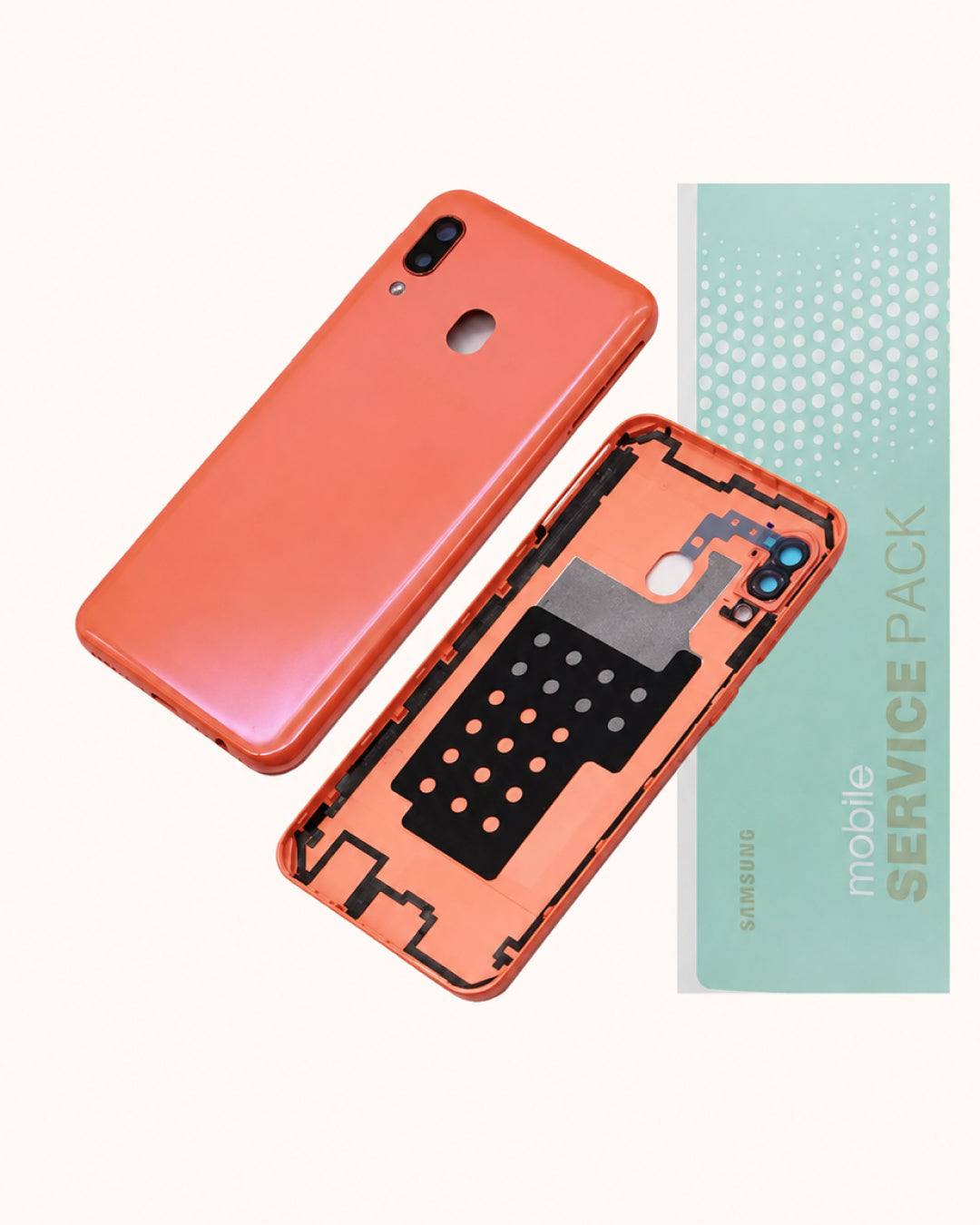 Orange Samsung Galaxy S10 replacement phone body parts set, including the back cover and inner frame, displayed next to a light blue 'mobile service pack' booklet on a clean white background.
