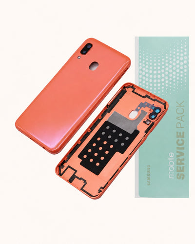 Orange Samsung Galaxy S10 replacement phone body parts set, including the back cover and inner frame, displayed next to a light blue 'mobile service pack' booklet on a clean white background.