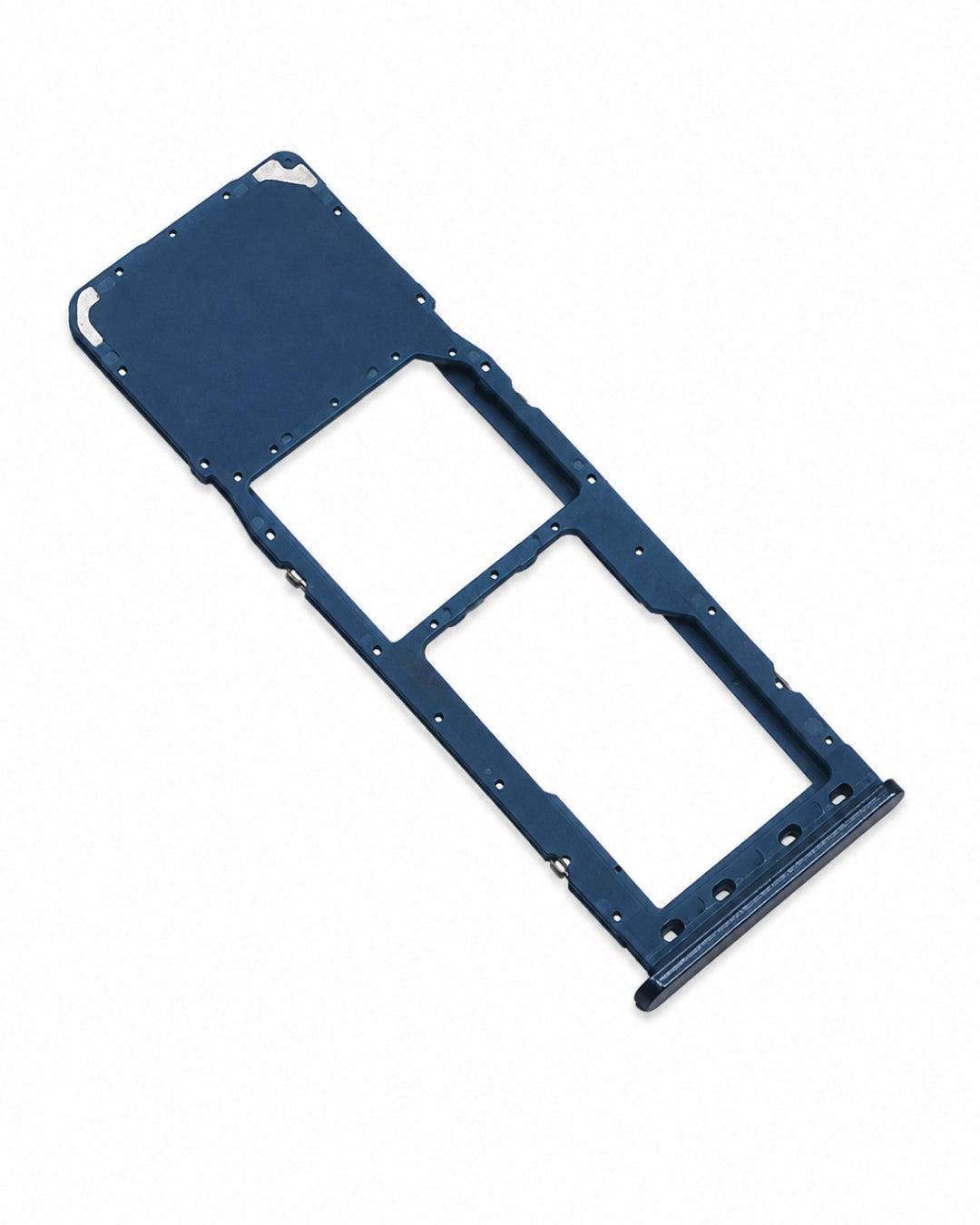 A dark blue metal SIM card tray adapter with pre-drilled screw holes, shown diagonally on a solid white background.