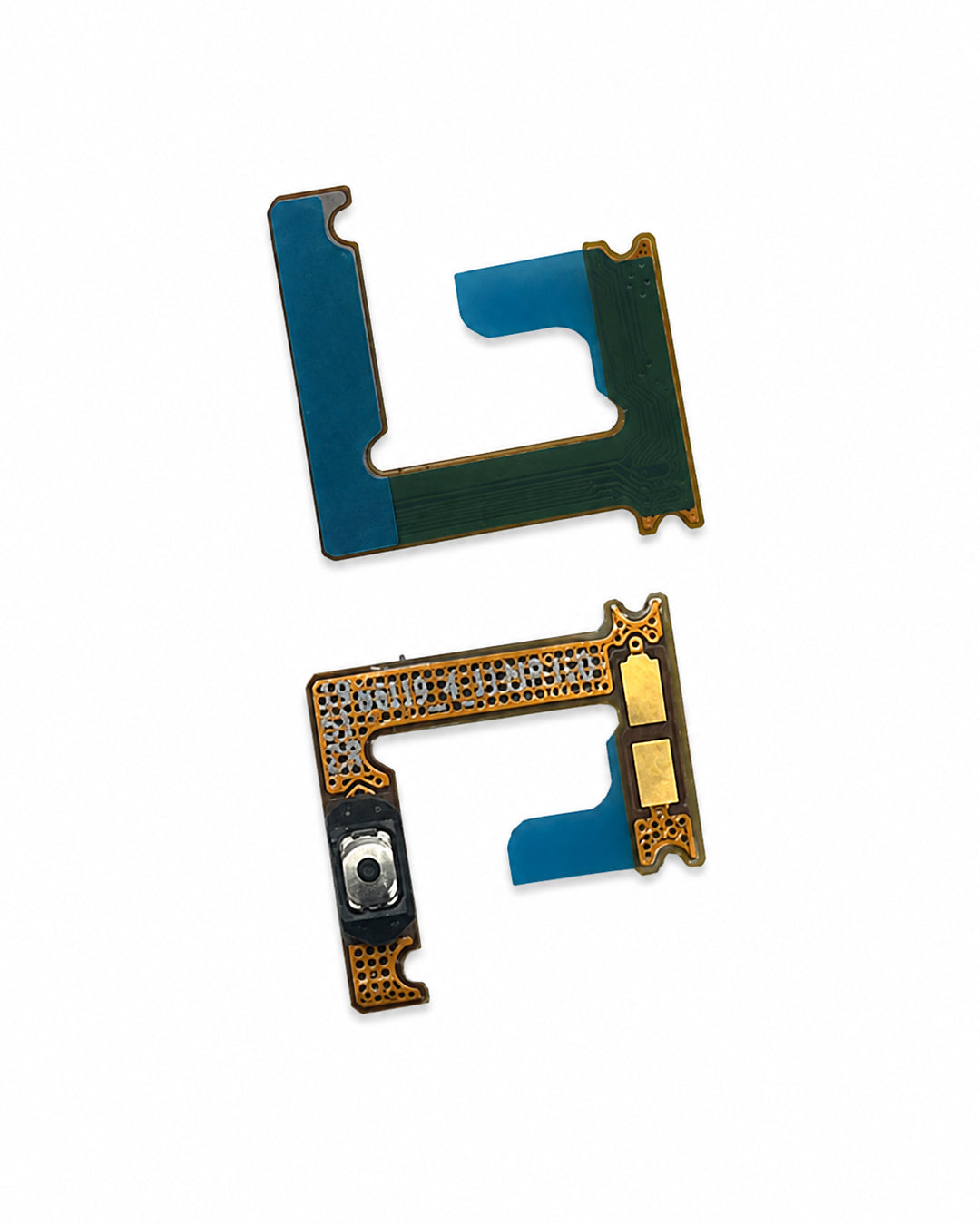 Two replacement smartphone flex circuits with gold-plated contacts, blue protective tape, and a small camera lens component, shown on a white background.