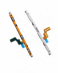 A replacement phone flex cable assembly shown in two separated pieces on a plain white background. One piece is orange-gold with camera lenses and blue connector tabs, and the other is a silver metal strip with printed text and a small orange-gold connector section.