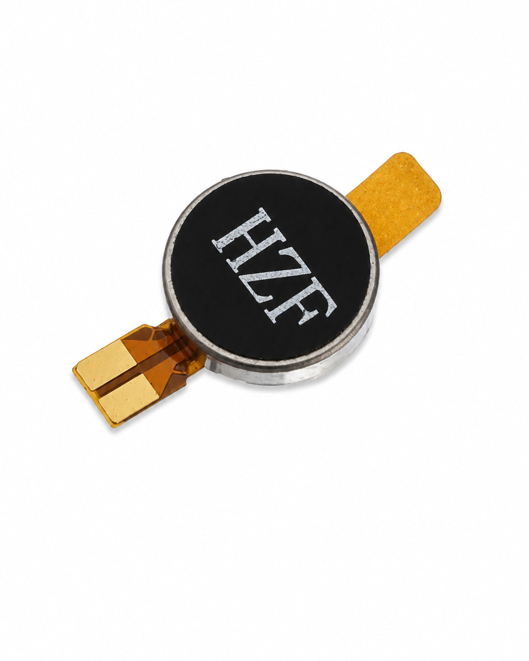 A circular electronic component with a black face featuring the white text 'HZF', surrounded by a silver metal rim, with gold-plated flexible circuitry leads extending from the sides, set against a plain white background.
