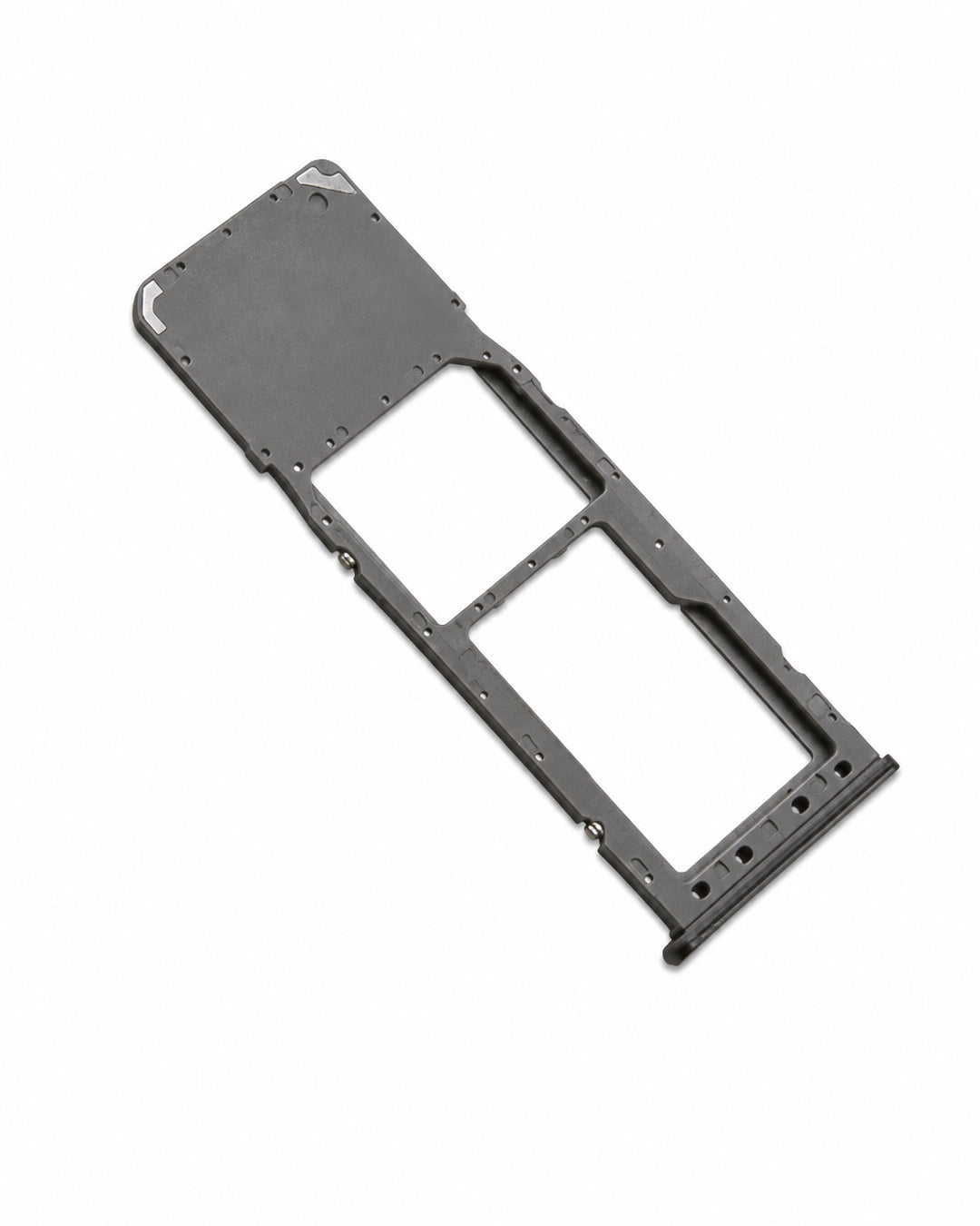 A black plastic dual SIM card tray adapter, commonly used for replacing SIM slots on mobile phones, shown on a plain white background.