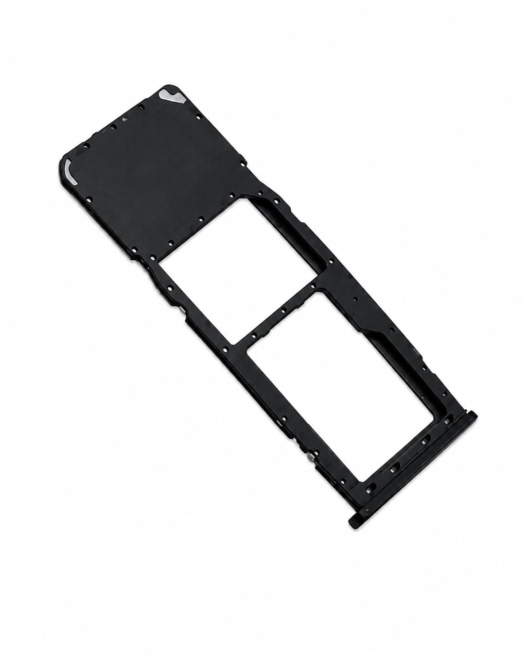 A black plastic dual SIM tray adapter for mobile phones, shown on a plain white background.