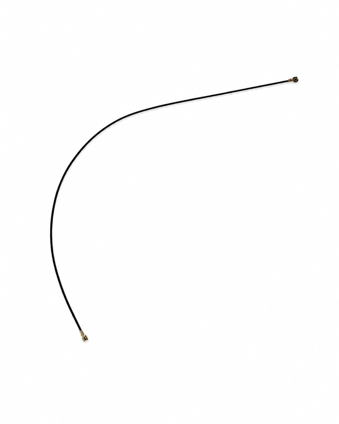 A curved black cable with small gold metal connectors at both ends, shown on a plain white background.