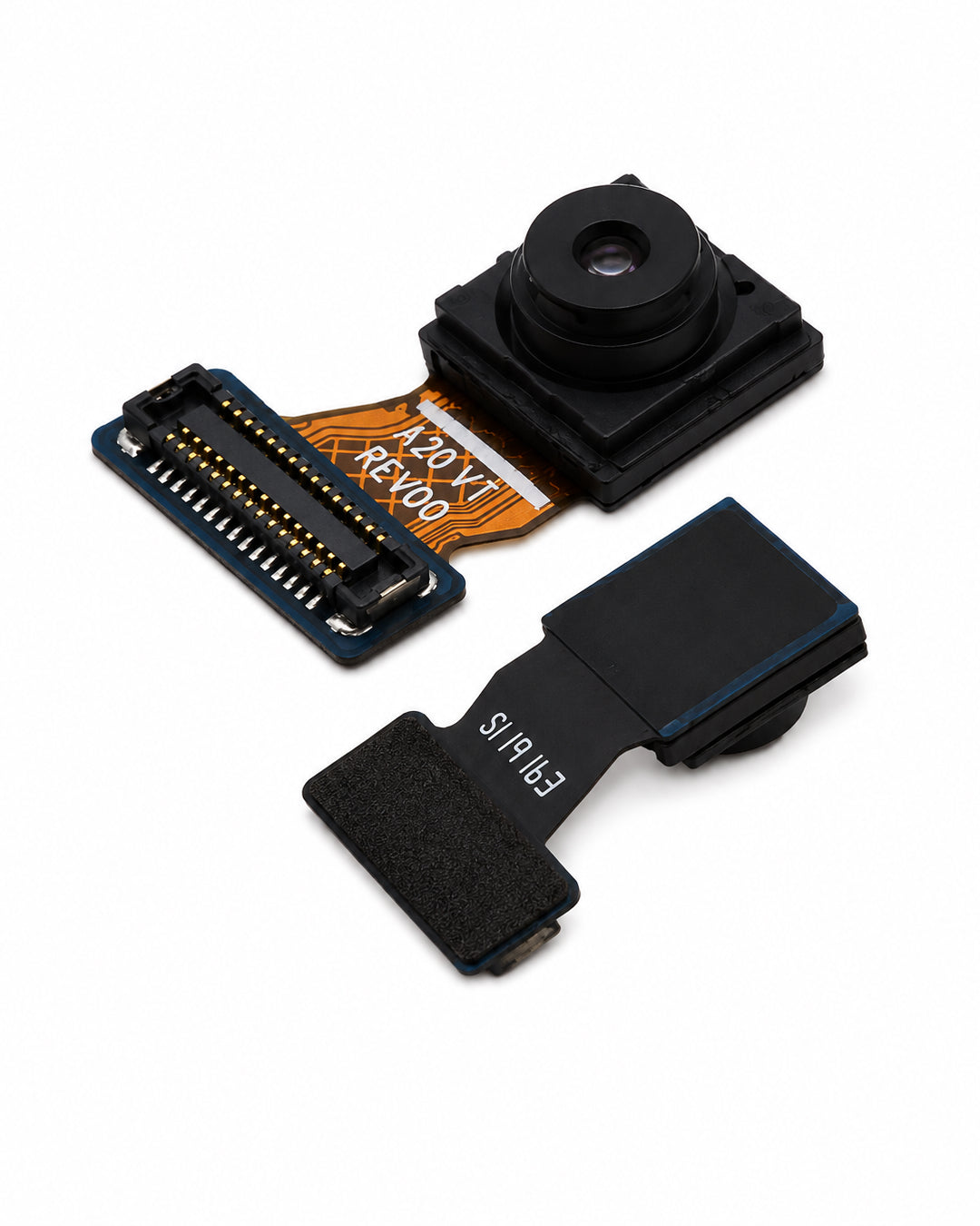 A replacement camera flash module with a black lens housing, a blue connector plug, and an orange flex cable, shown on a clean white background.