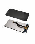 A replacement smartphone display screen and flex cable assembly shown from two angles on a white background. The top view shows the black front panel, and the bottom view shows the silver back panel, the black flex cable, and the gold-toned electronic connectors.