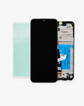 A replacement smartphone display assembly shown on a white background, including the front black screen panel, the rear protective film, and the exposed internal frame and battery area.
