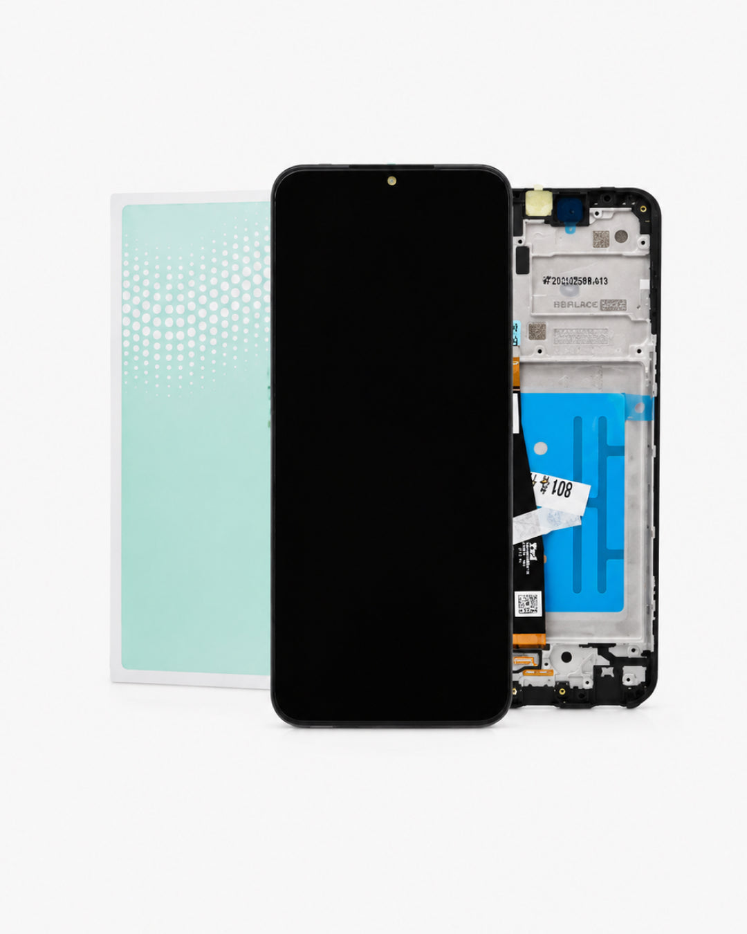A replacement smartphone display assembly shown on a white background, including the front black screen panel, the rear protective film, and the exposed internal frame and battery area.