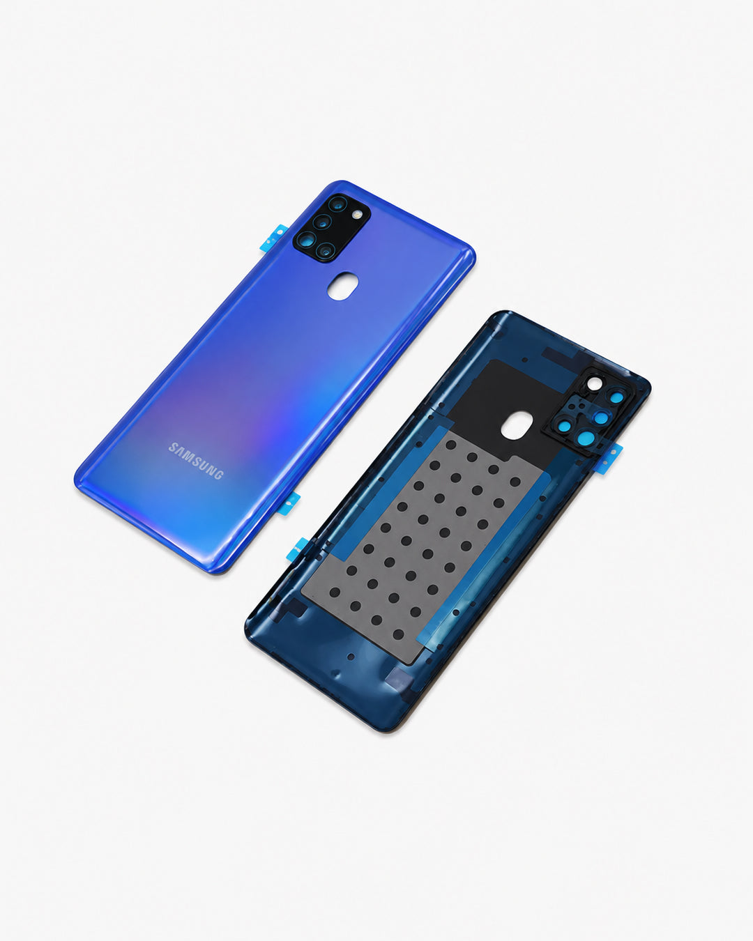 Samsung Galaxy S9 phone back cover set in blue gradient glass, showing both the front cover and the back plate with camera cutouts and mounting points, on a light gray background.