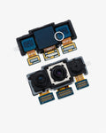 Two camera lens repair modules with gold-plated flex cables and blue protective film, displayed on a clean white background.