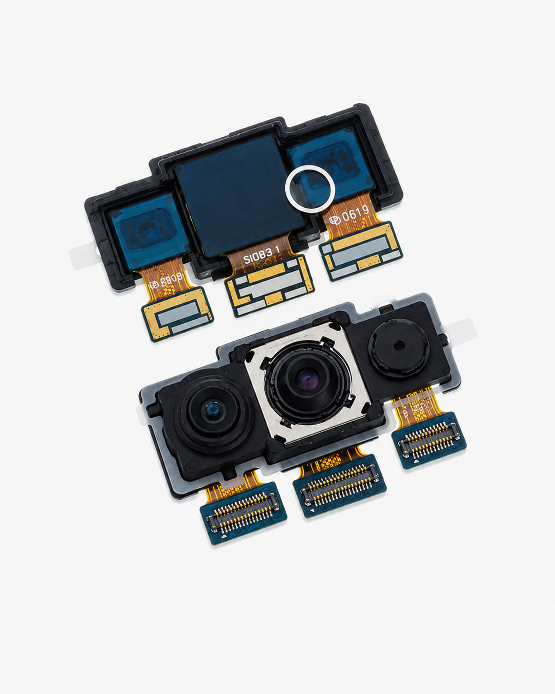 Two camera lens repair modules with gold-plated flex cables and blue protective film, displayed on a clean white background.