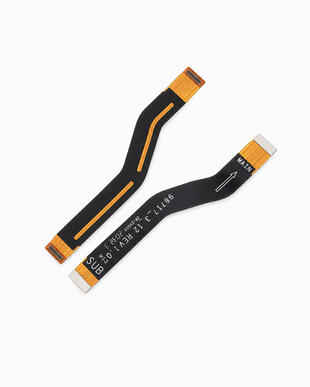 Two black flexible circuitry ribbon cables with orange connector ends and white printed markings, shown on a clean white background.