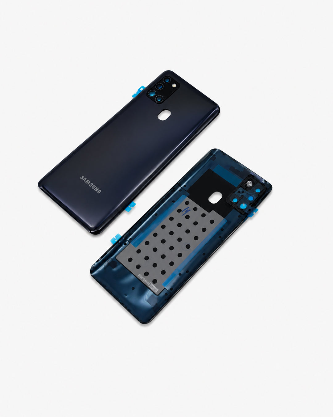 Samsung Galaxy smartphone back panel kit shown on a light gray background, including the rear outer shell and the front inner frame with adhesive pads and camera cutouts.