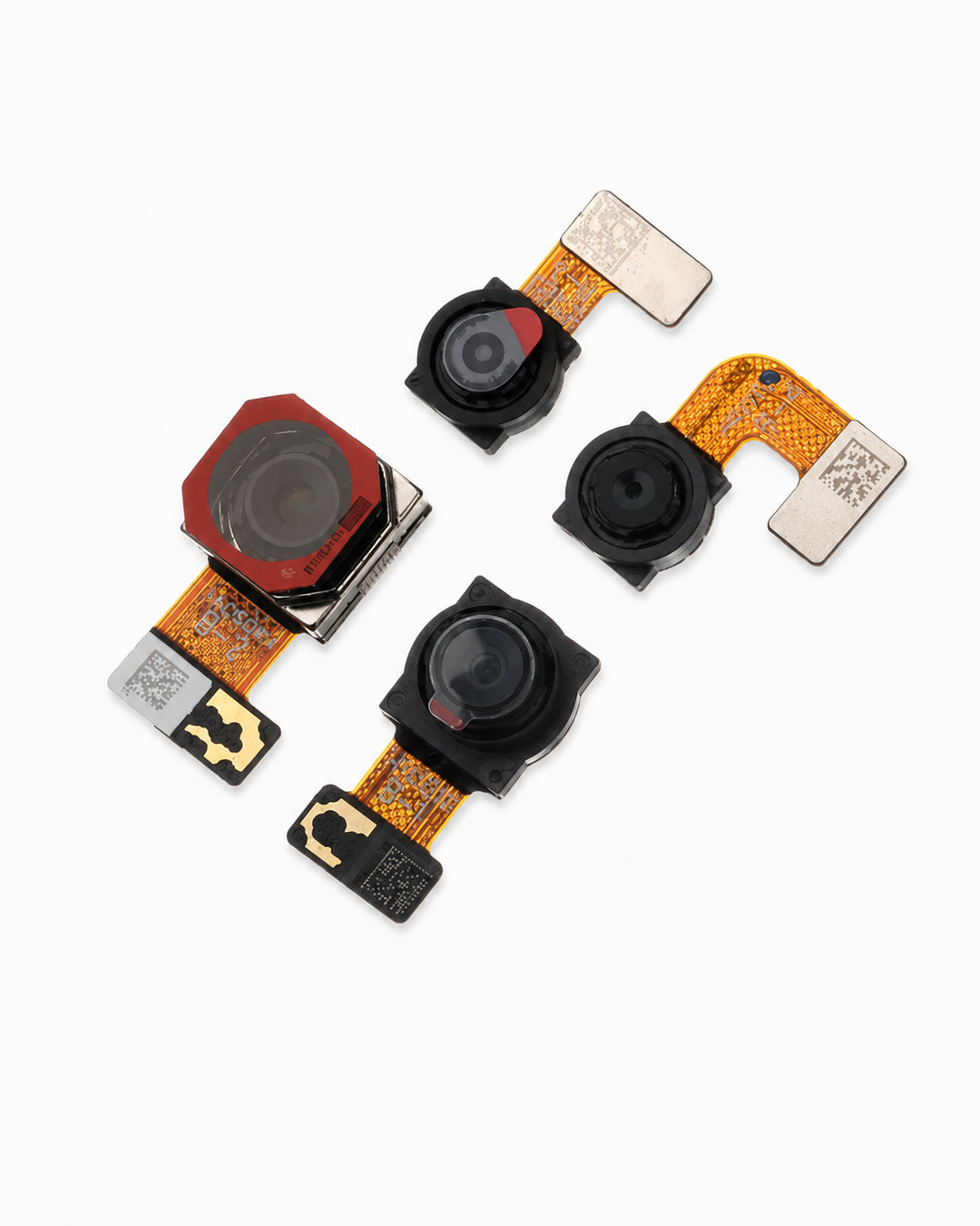 Four replacement smartphone camera flash and sensor flex connectors arranged on a clean white background.