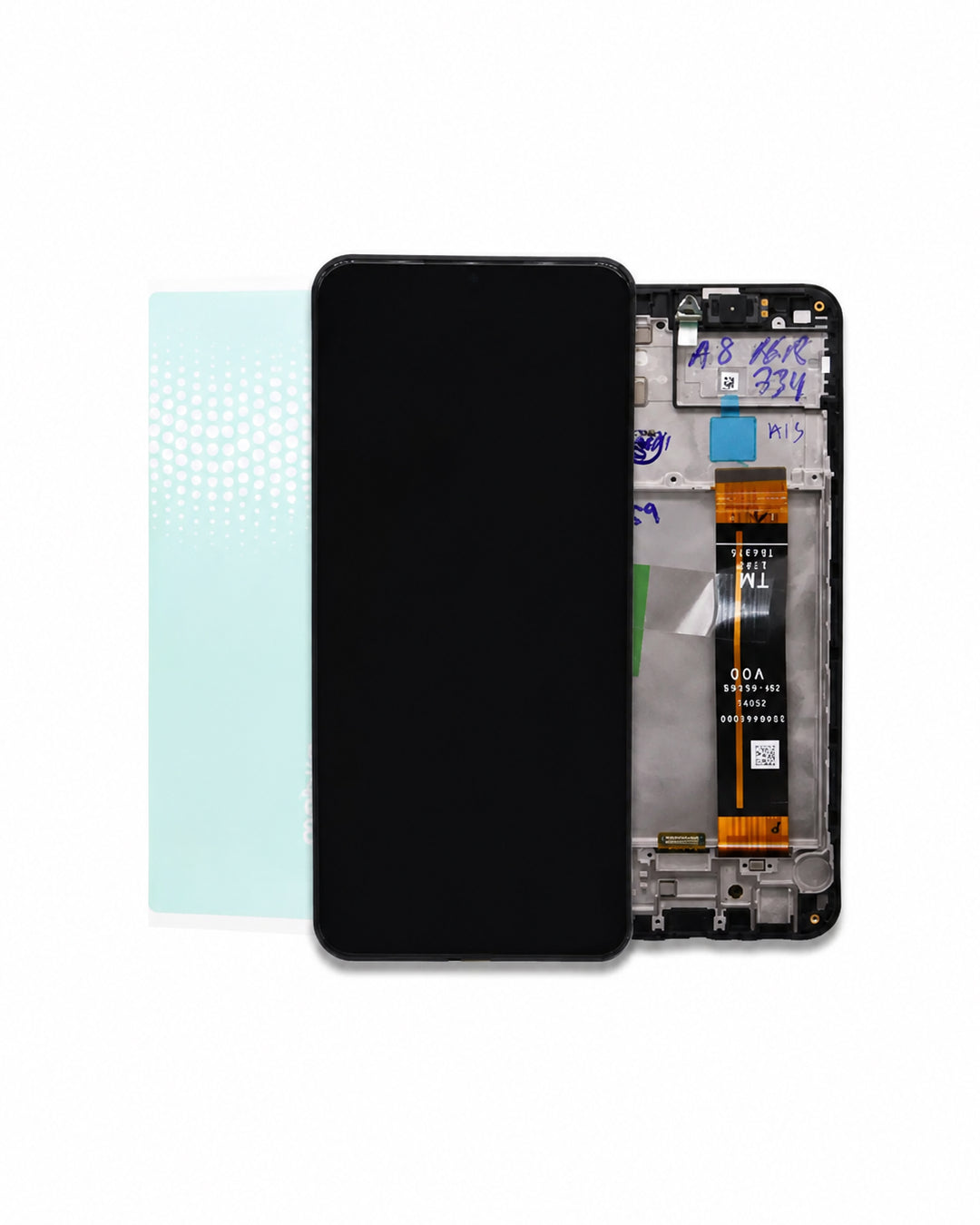 A replacement smartphone front glass LCD display panel shown alongside its internal backplate and circuitry, displayed on a clean white background.