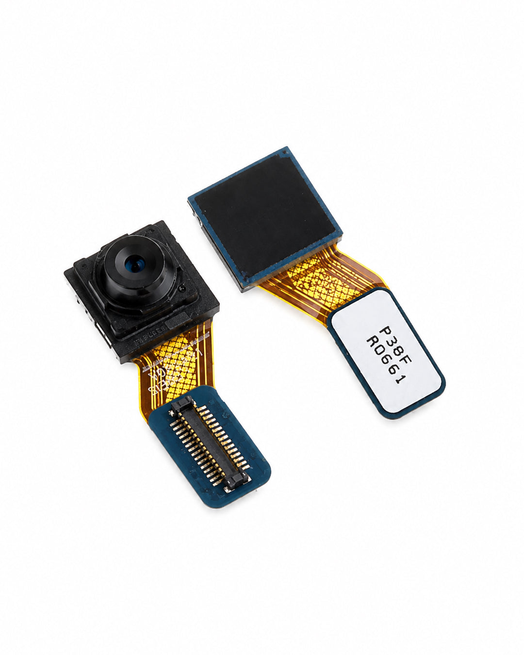 A small electronic camera module with a gold flexible circuit ribbon connector, shown alongside its corresponding black adhesive backing and a white label with the text 'R365 R0661'.