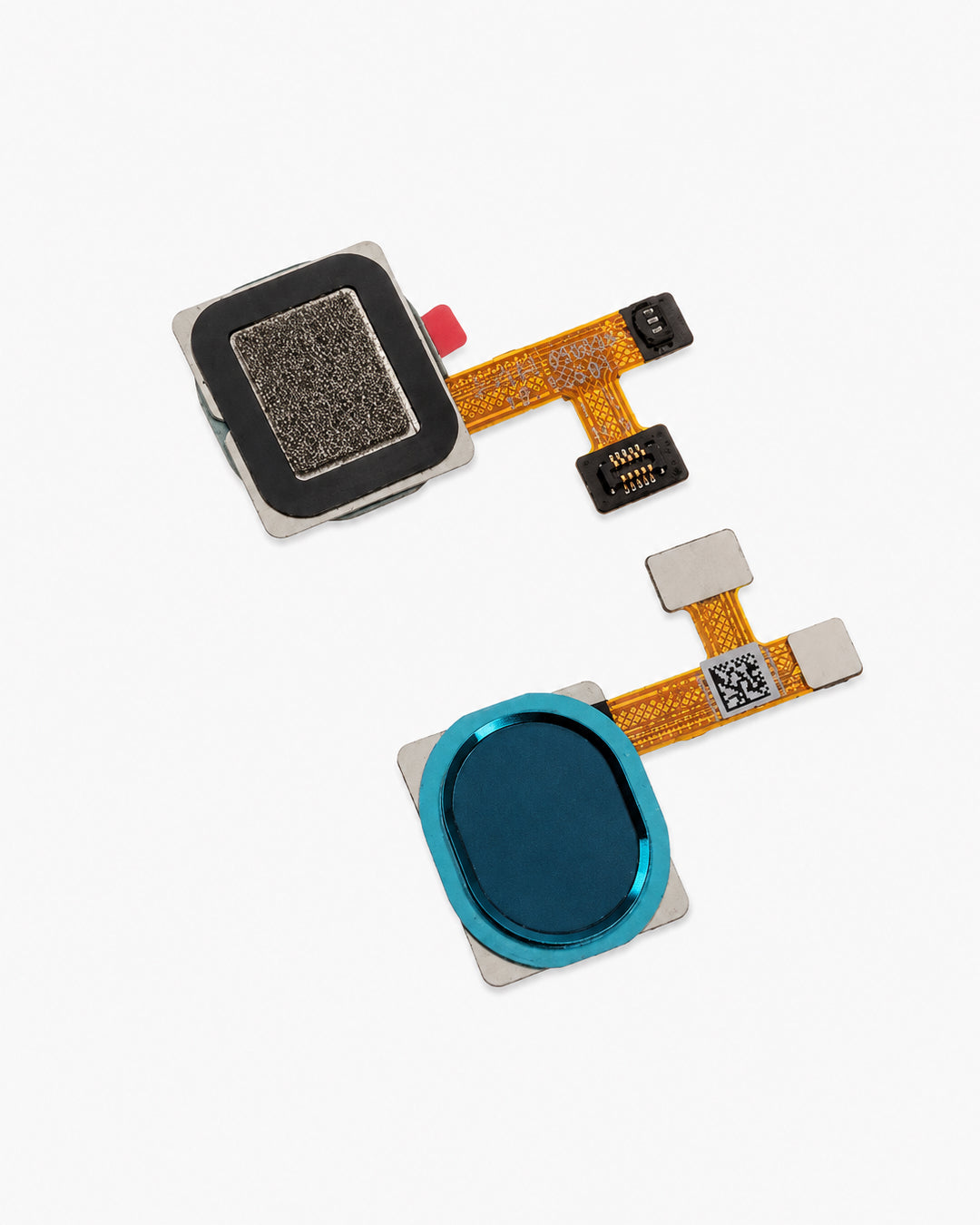 Two replacement touch screen flex sensors for a smartphone, one with a black square face and the other with a blue oval face, on a light gray background.