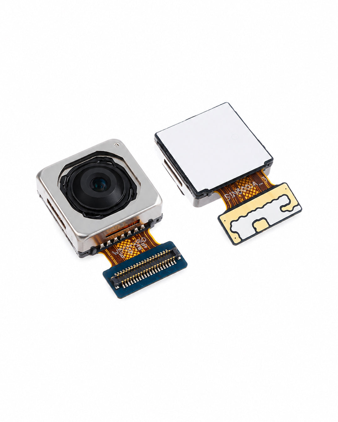 A small square camera lens module with a black lens and silver metal housing, shown alongside a matching silver square component with a gold flexible circuit connector, on a plain white background.