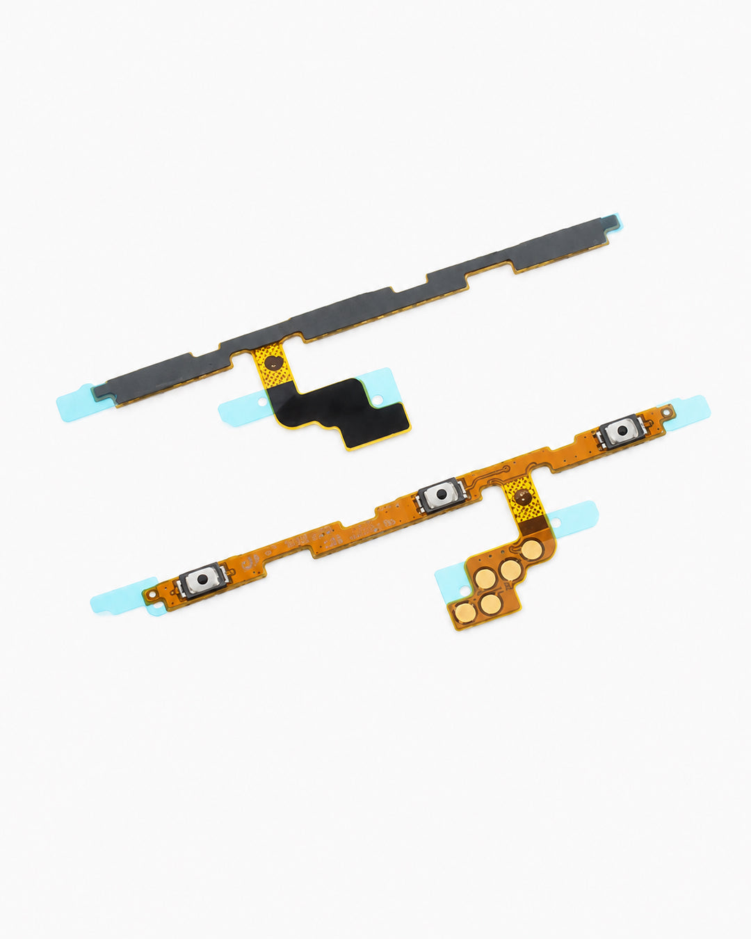 Two replacement flex cable modules for a smartphone, featuring gold-plated traces, black and gray protective layers, small camera lens cutouts, and light blue protective tips, shown on a plain white background.