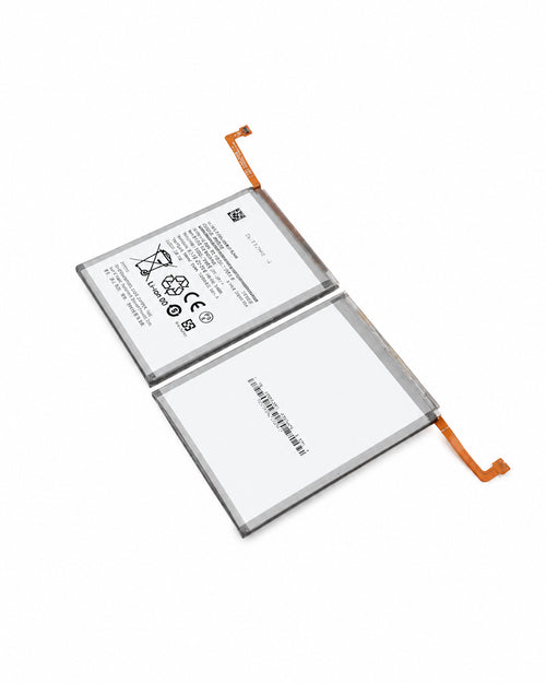 A replacement smartphone battery shown from both sides, featuring a white printed label with black text and specifications, a silver metallic edge, and two orange ribbon cable connectors, set against a plain white background.
