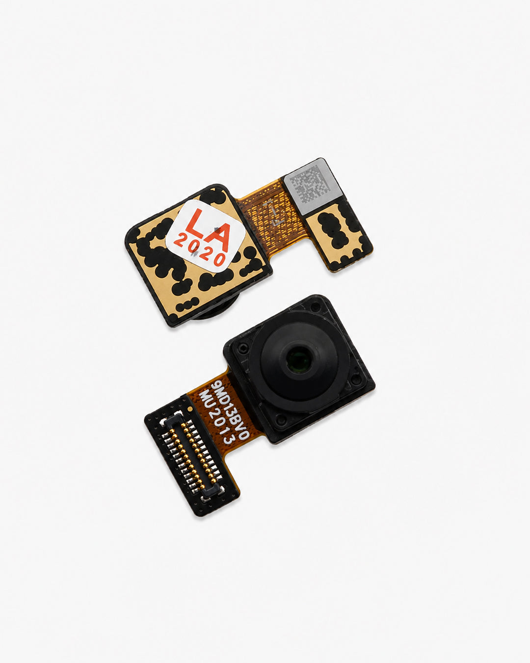 Two small electronic camera lens components with gold and black patterned flex circuits, one featuring a red and white 'LA 2020' sticker, photographed on a clean white background.