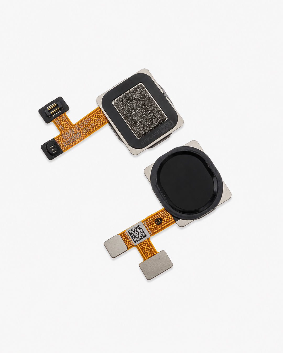 Two replacement electronic components, likely touch screen flex sensors, shown on a clean white background. One has a square black face with a textured gray center, and the other has an oval black face with a silver metal frame.