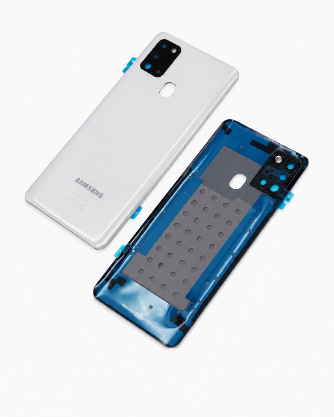 A Samsung smartphone back panel kit shown on a clean white background, including a white outer backplate and a blue translucent inner frame with camera cutouts and mounting points.