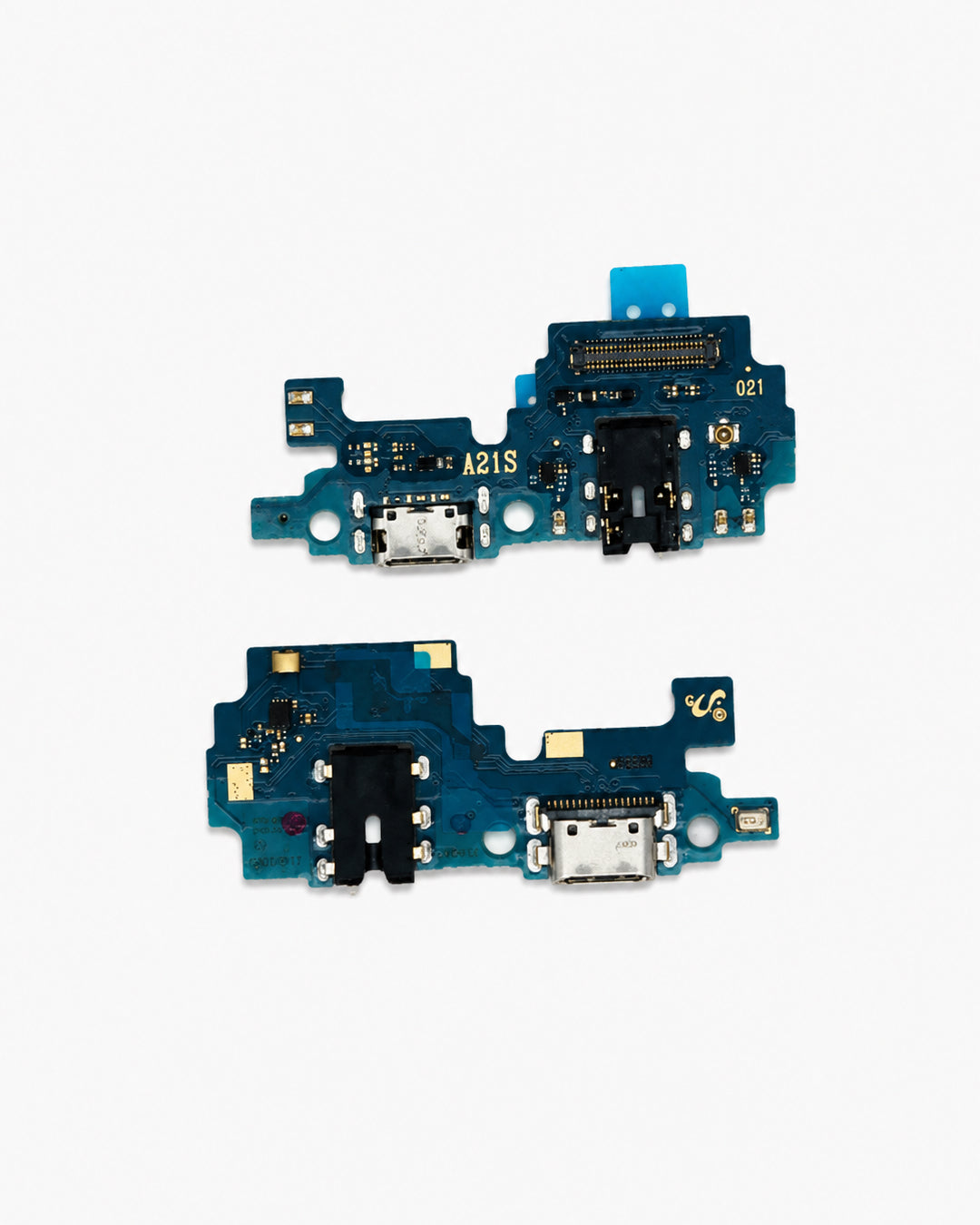 Two replacement blue phone charging port flex circuits with USB-C and USB-A connectors, displayed on a clean white background.