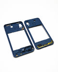 A pair of blue replacement smartphone outer frame shells, showing both the front and back sides with cutouts and internal mounting points, on a white background.