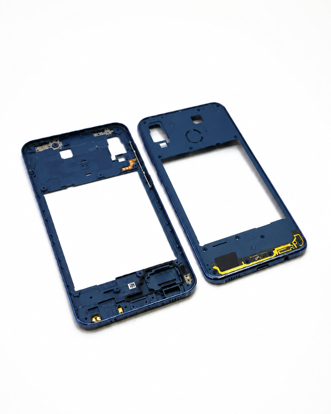 A pair of blue replacement smartphone outer frame shells, showing both the front and back sides with cutouts and internal mounting points, on a white background.