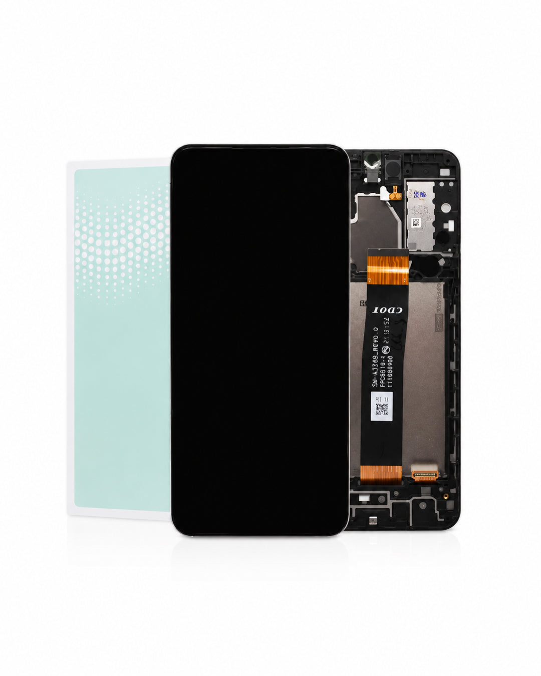 A replacement smartphone screen digitizer and frame assembly shown alongside a light blue protective film, on a clean white background.