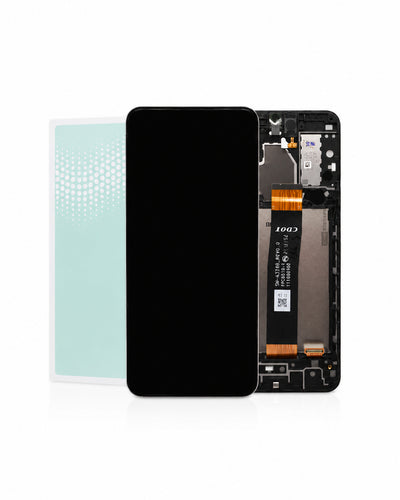 A replacement smartphone screen digitizer and frame assembly shown alongside a light blue protective film, on a clean white background.